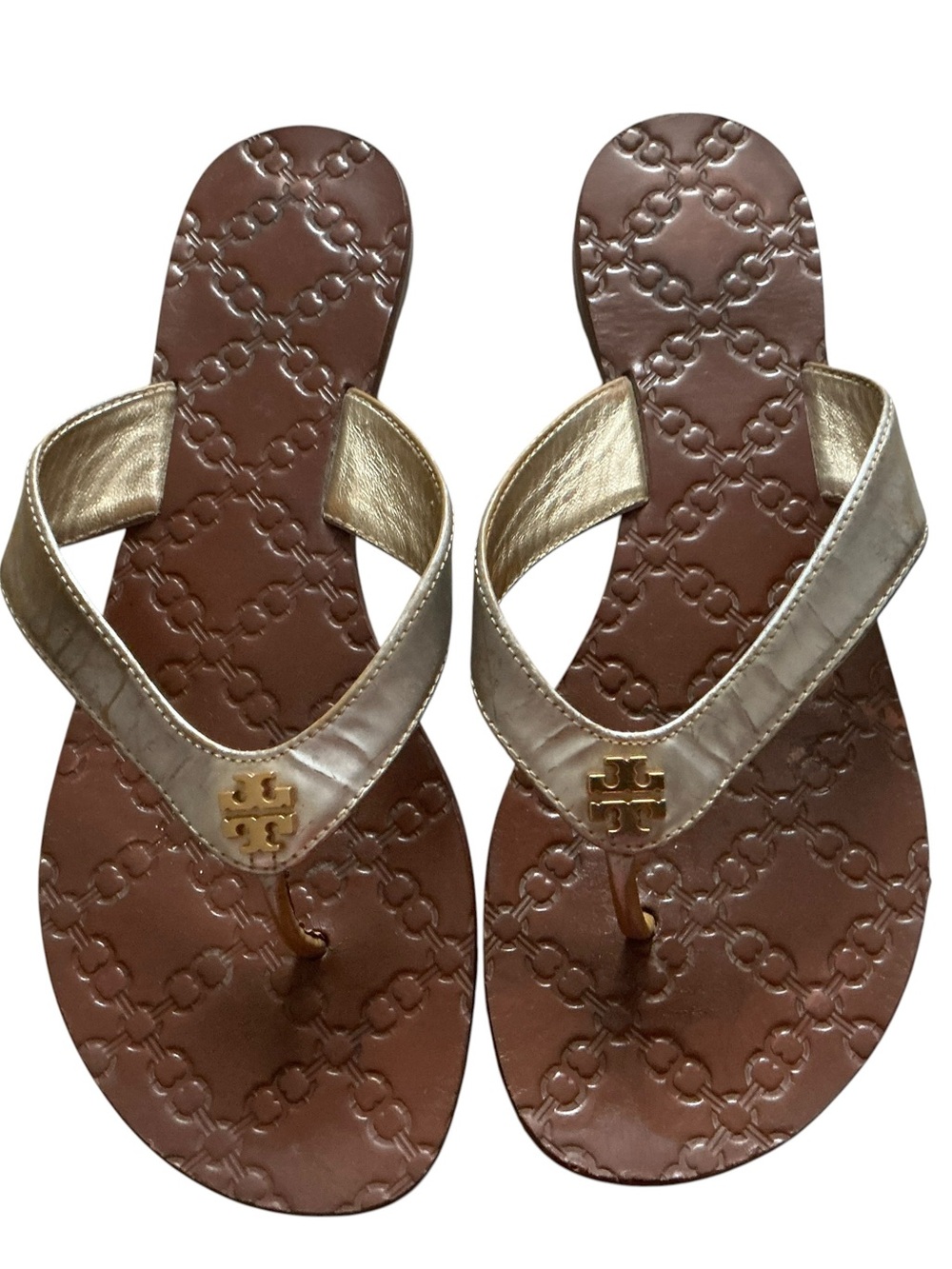 Tory Burch Thora thong sandals metallic leather strap gold logo size 8